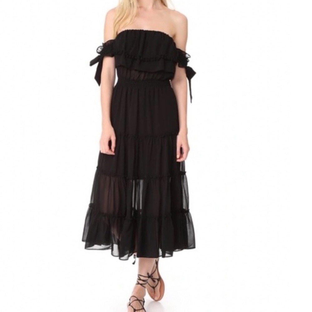 MISA Los Angeles Micaela Dress Women M‎ Black Ruffle Pom Pom Tiered Boho Mini